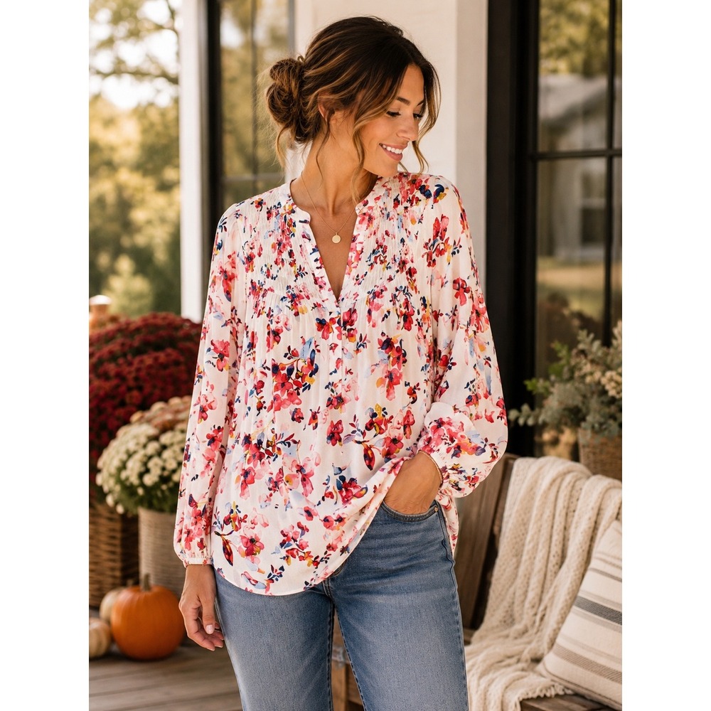 Lucky Brand Womens Large Floral Peasant Blouse Smocked Boho Long Sleeve Top